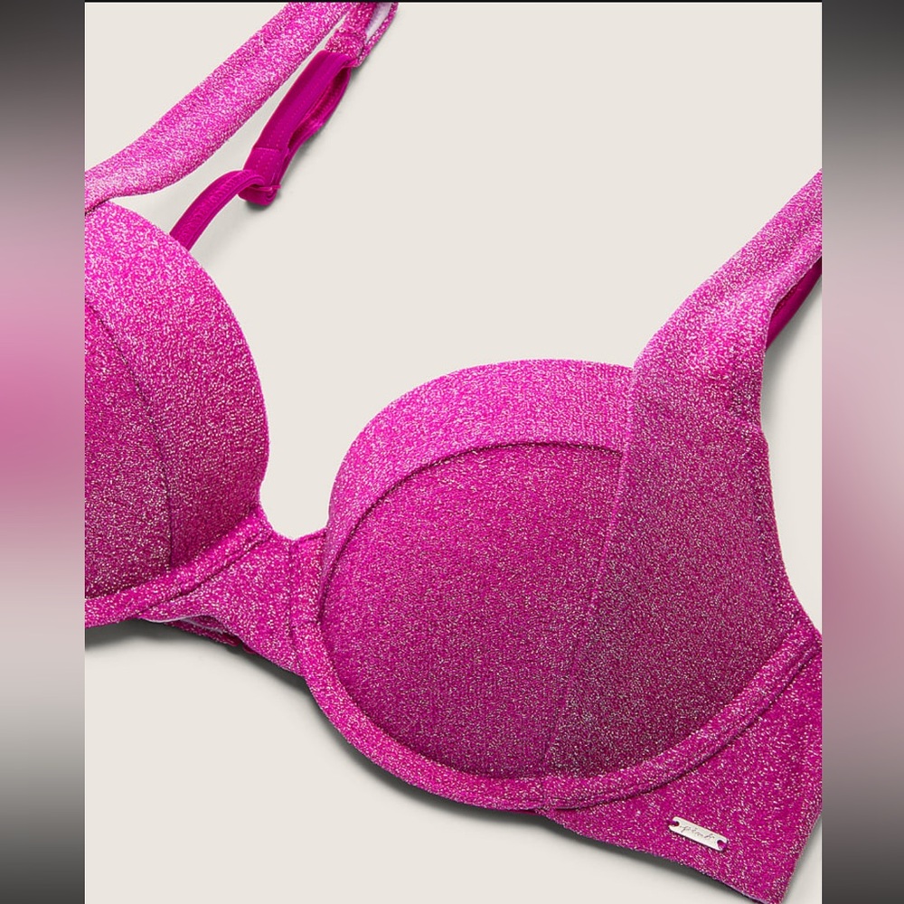 PINK Victoria's Secret Shimmer Push-Up Bikini Top Pink Fuschia | Sz XL NWT